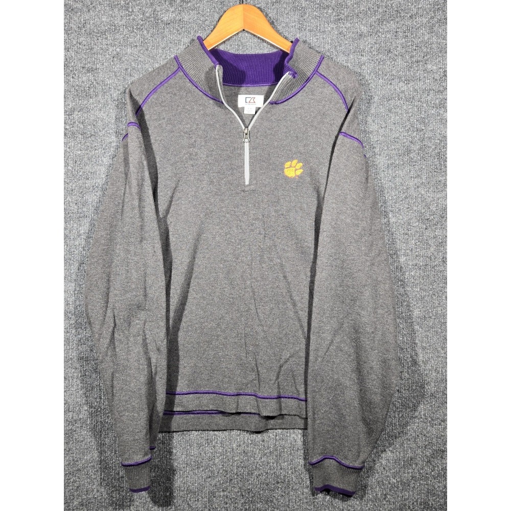 Cutter & Buck Clemson Tigers 1/4 Zip Sweater Mens L Gray Purple Pullover Sample